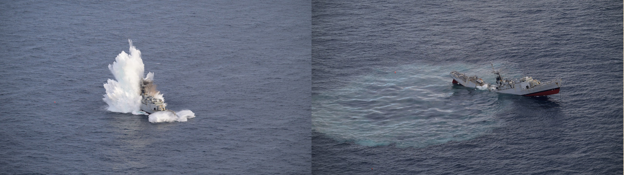 Opération Baudroie, tir d’entraînement d’une torpille lourde F21 de combat réalisé en Atlantique sur la coque de l’ancien Premier-maître L’Her le 14 décembre 2024 (©Thomas Louradour/Marine nationale/Défense)